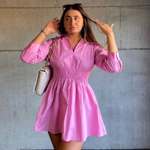 Zara Barbie Pink Cotton Poplin Smocked Mini Dress - Picture 6 of 11